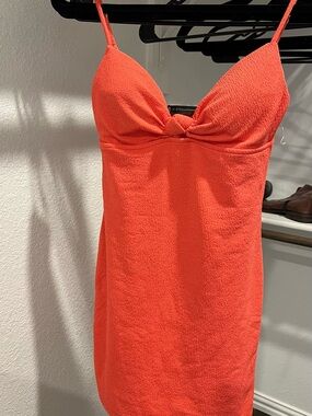 Textured Spaghetti Strap Mini Dress in Coral Orange